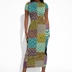 African American Quilt Inspired Short Sleeve Bodycon Dress Cultural Heritage Ethnic Quilt Pattern