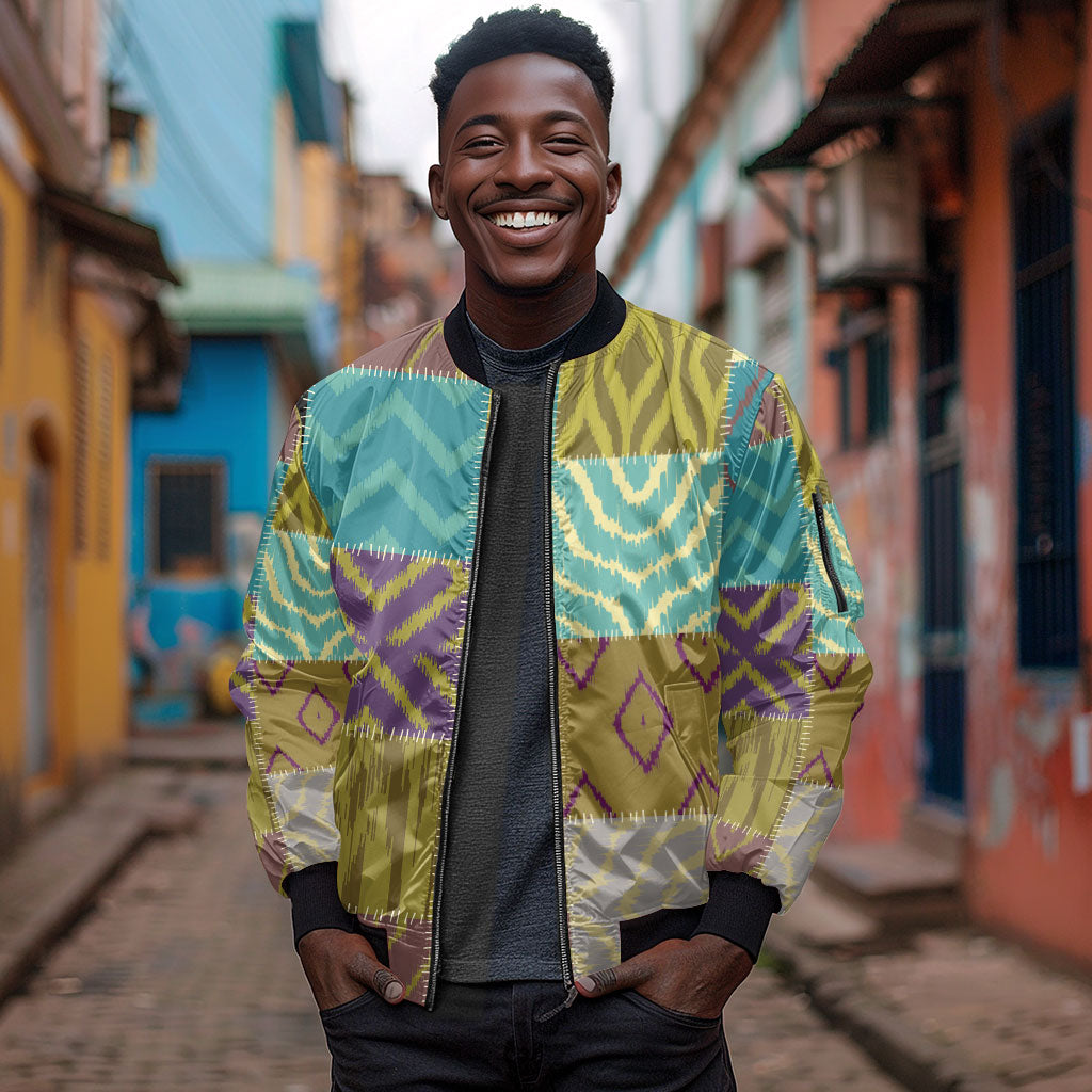 African American Quilt Inspired Sleeve Zip Bomber Jacket Cultural Heritage Ethnic Quilt Pattern