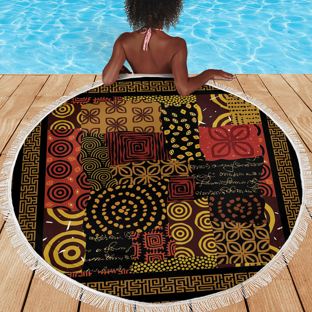 African American Quilt Inspired Beach Blanket Earth Tone African Patchwork Motif