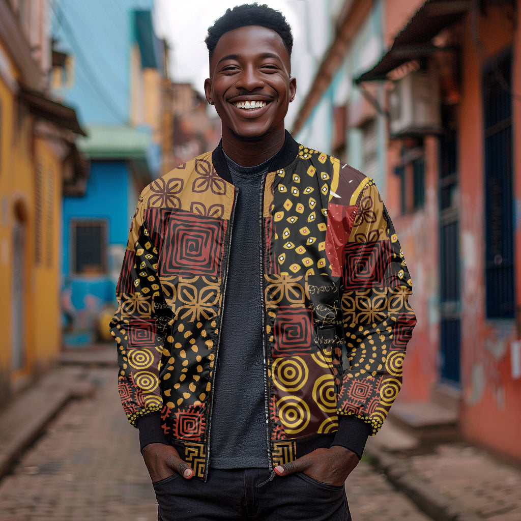 African American Quilt Inspired Bomber Jacket Earth Tone African Patchwork Motif