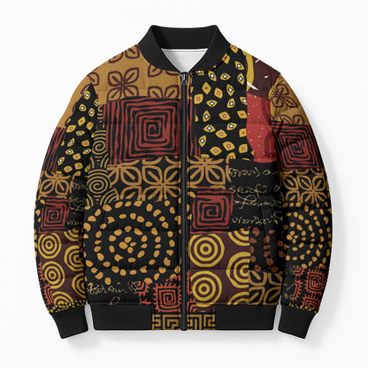 African American Quilt Inspired Bomber Puffer Jacket Earth Tone African Patchwork Motif