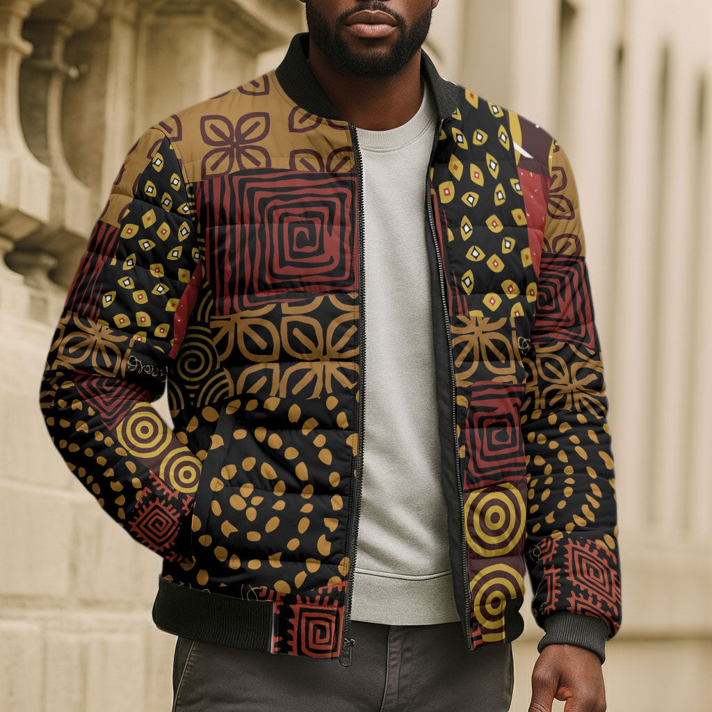 African American Quilt Inspired Bomber Puffer Jacket Earth Tone African Patchwork Motif