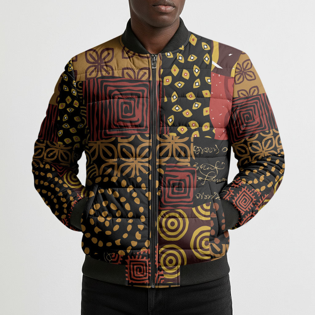 African American Quilt Inspired Bomber Puffer Jacket Earth Tone African Patchwork Motif