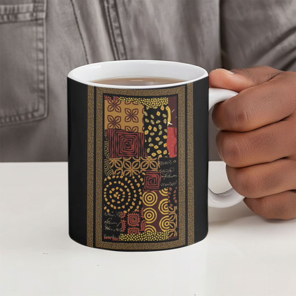 African American Quilt Inspired Ceramic Mug Earth Tone African Patchwork Motif