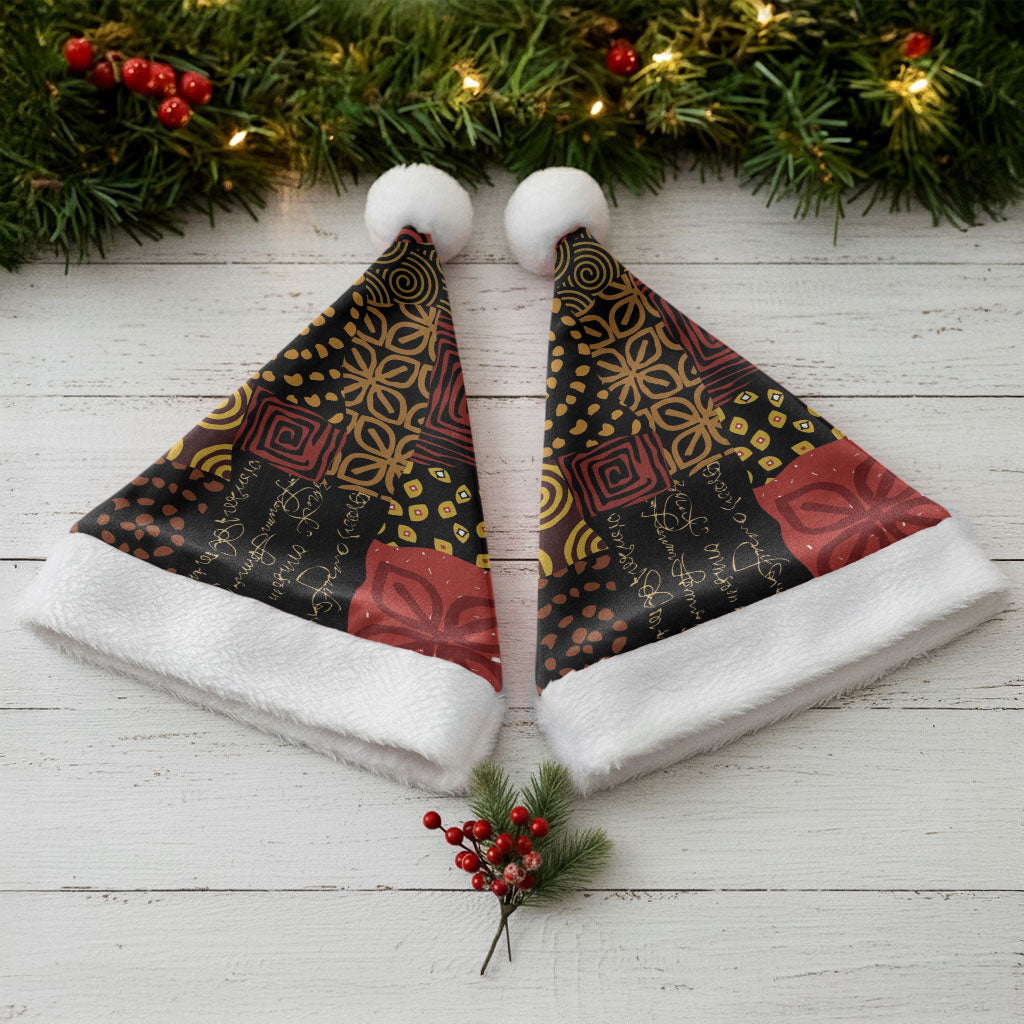 African American Quilt Inspired Christmas Santa Hat Earth Tone African Patchwork Motif