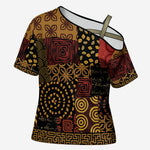 African American Quilt Inspired Cross Shoulder Shirt Earth Tone African Patchwork Motif
