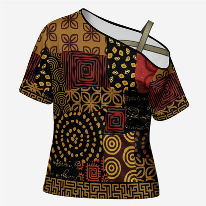 African American Quilt Inspired Cross Shoulder Shirt Earth Tone African Patchwork Motif