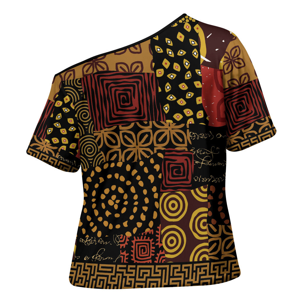 African American Quilt Inspired Cross Shoulder Shirt Earth Tone African Patchwork Motif