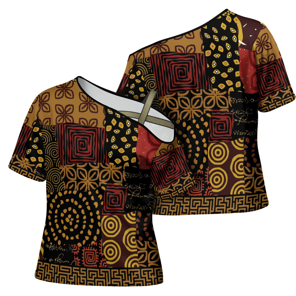 African American Quilt Inspired Cross Shoulder Shirt Earth Tone African Patchwork Motif