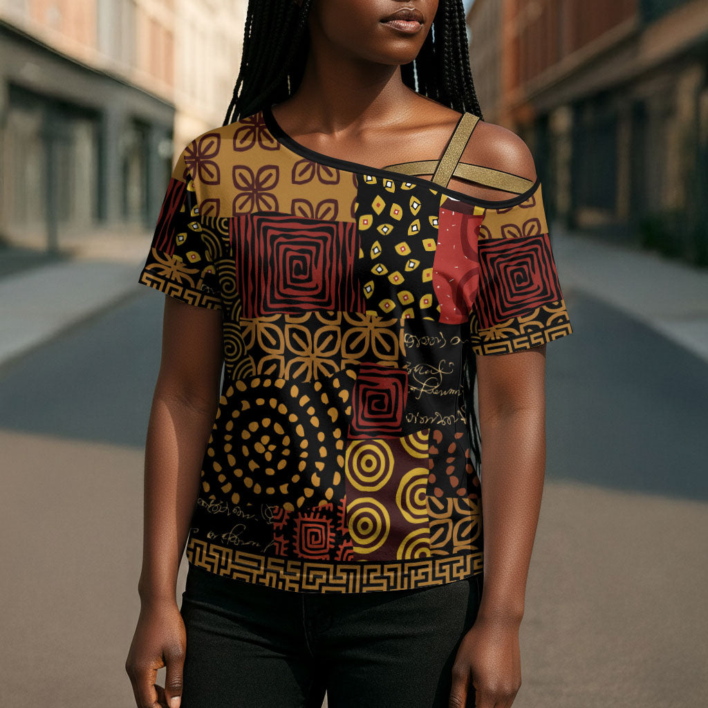 African American Quilt Inspired Cross Shoulder Shirt Earth Tone African Patchwork Motif