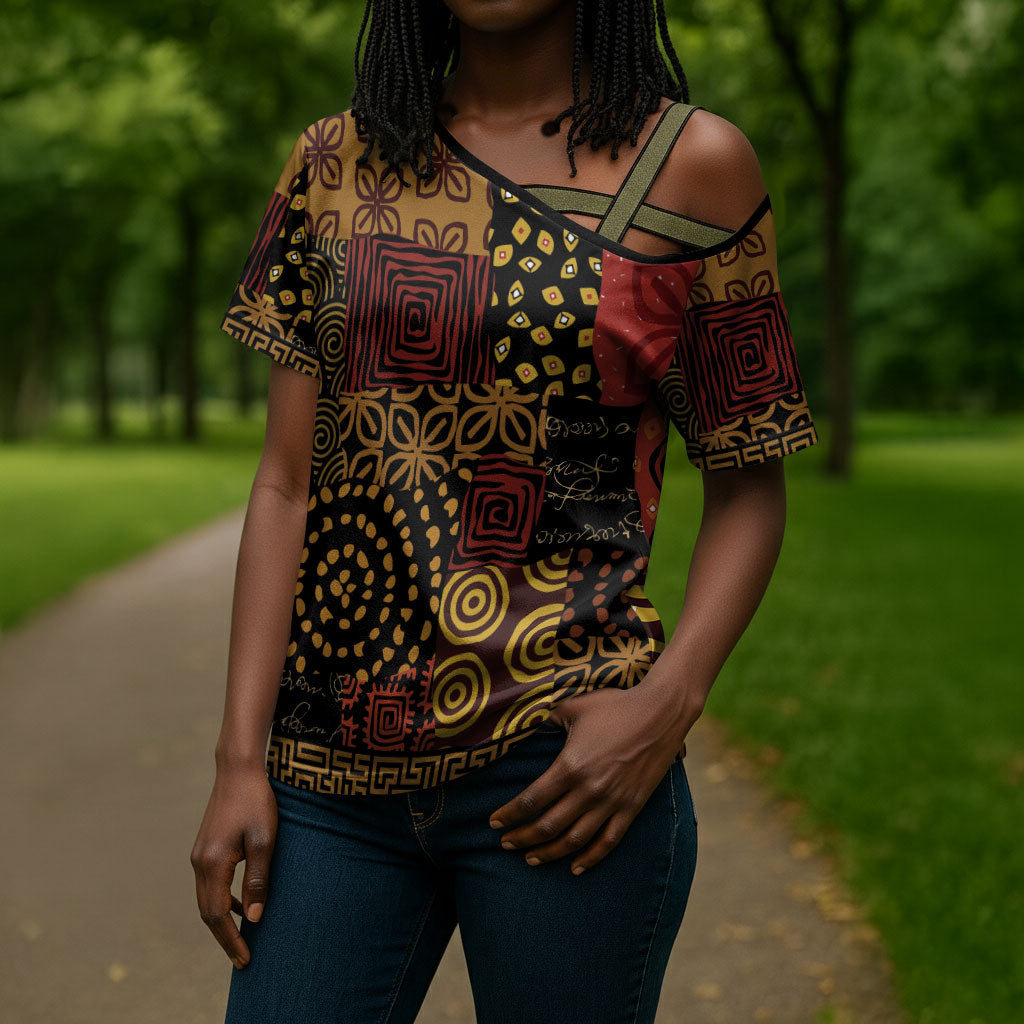 African American Quilt Inspired Cross Shoulder Shirt Earth Tone African Patchwork Motif