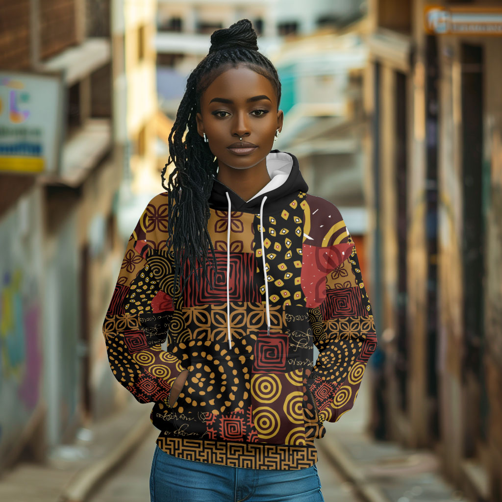 African American Quilt Inspired Hoodie Earth Tone African Patchwork Motif