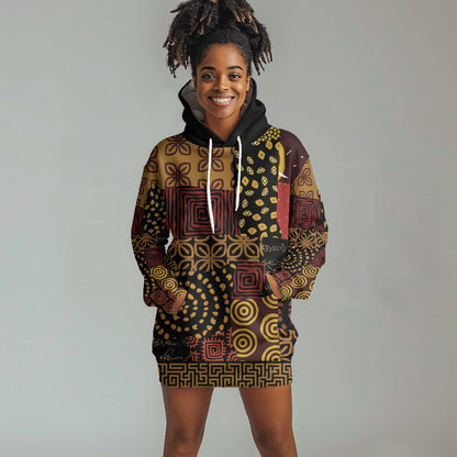 African American Quilt Inspired Hoodie Dress Earth Tone African Patchwork Motif