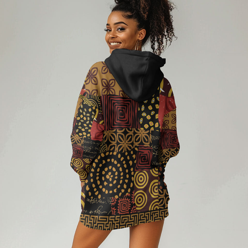 African American Quilt Inspired Hoodie Dress Earth Tone African Patchwork Motif