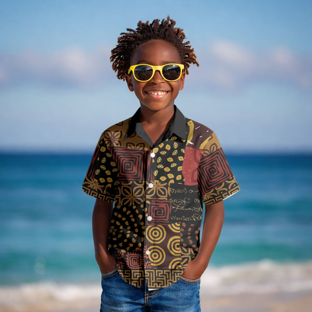 African American Quilt Inspired Kid Hawaiian Shirt Earth Tone African Patchwork Motif