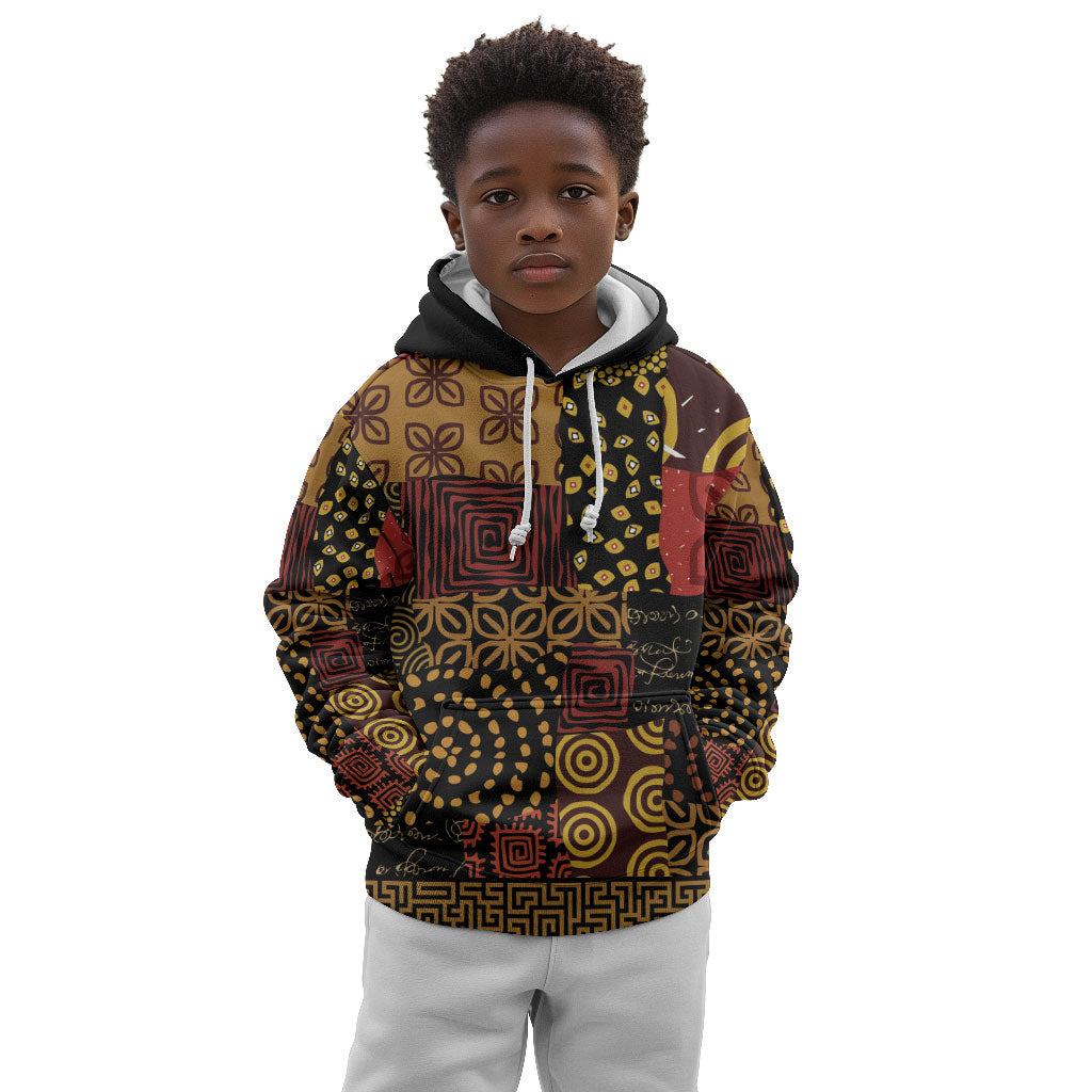African American Quilt Inspired Kid Hoodie Earth Tone African Patchwork Motif