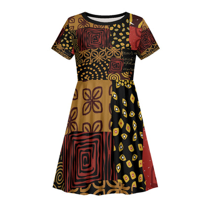 African American Quilt Inspired Kid Short Sleeve Dress Earth Tone African Patchwork Motif