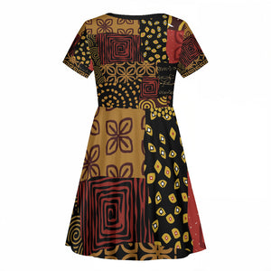 African American Quilt Inspired Kid Short Sleeve Dress Earth Tone African Patchwork Motif