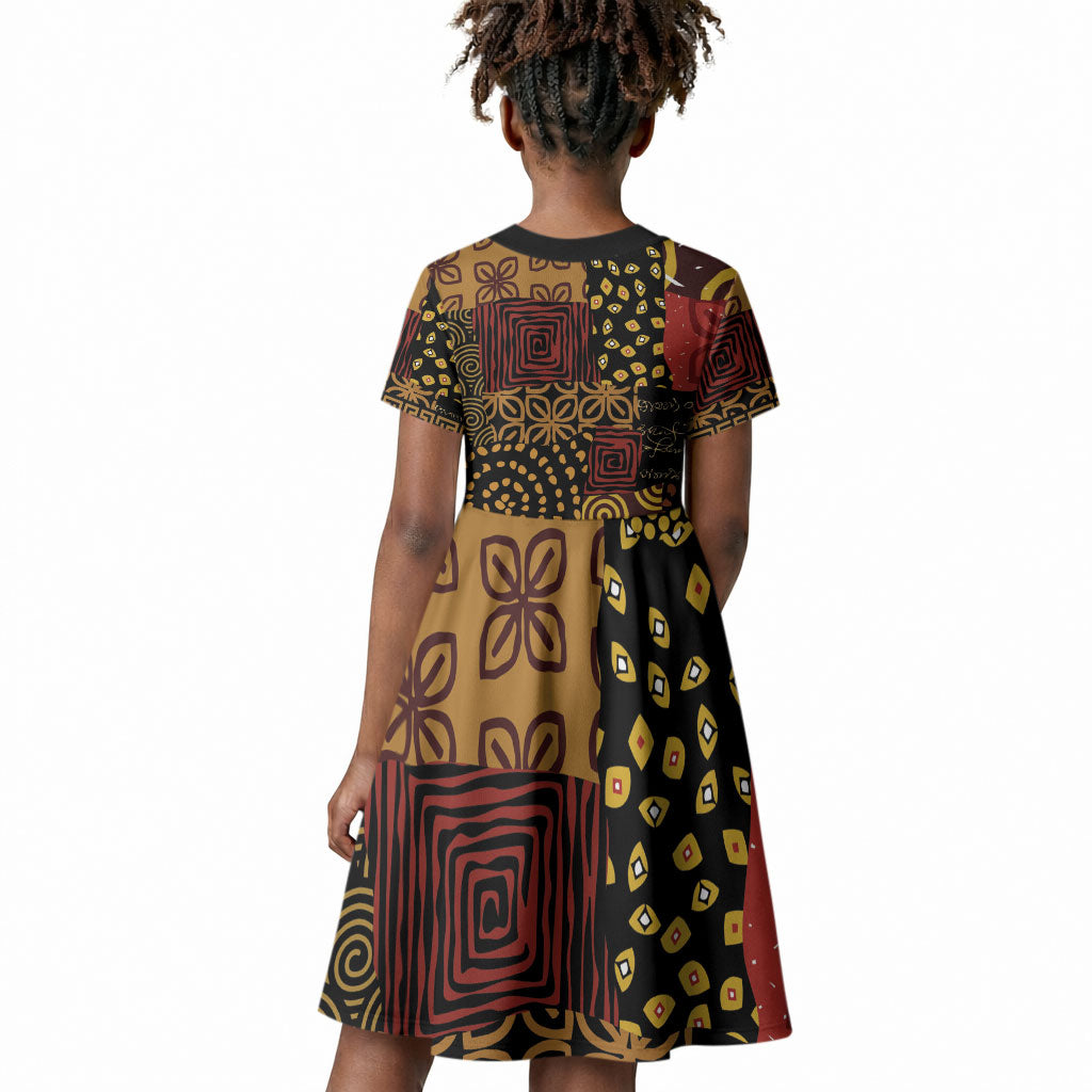 African American Quilt Inspired Kid Short Sleeve Dress Earth Tone African Patchwork Motif