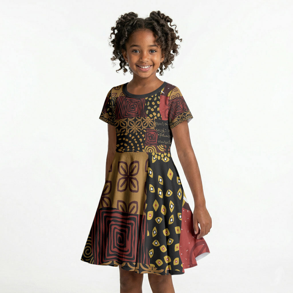 African American Quilt Inspired Kid Short Sleeve Dress Earth Tone African Patchwork Motif