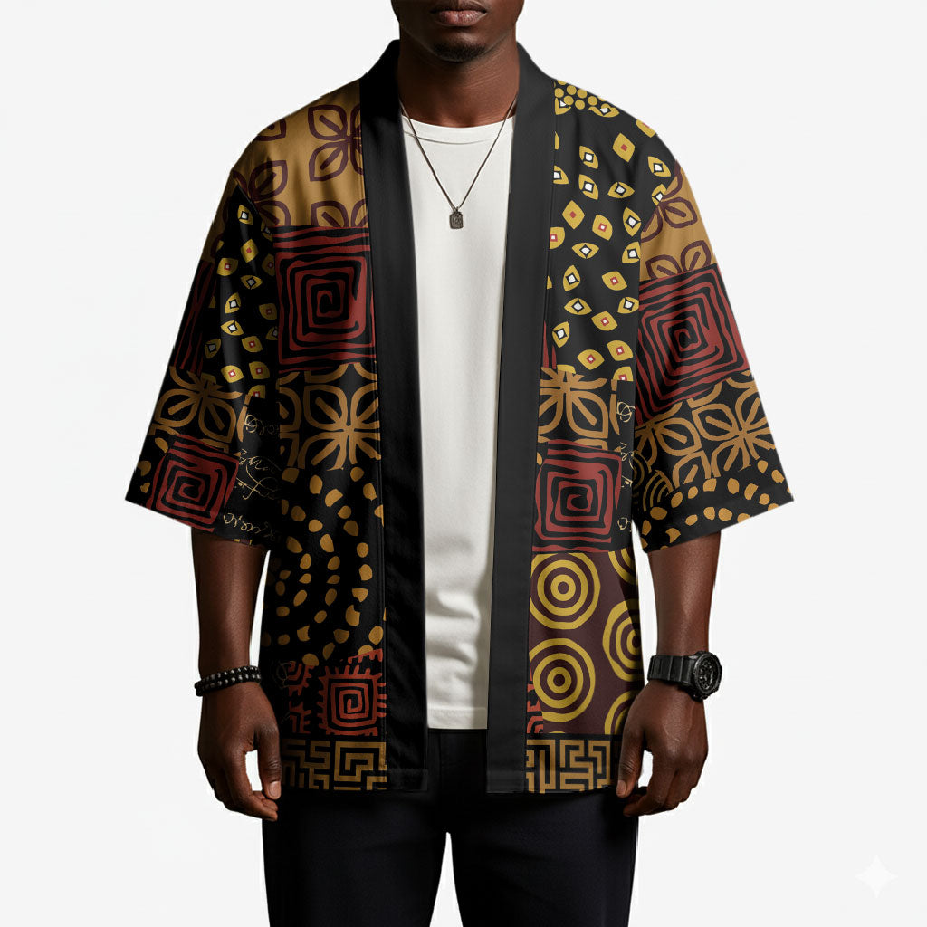 African American Quilt Inspired Kimono Earth Tone African Patchwork Motif