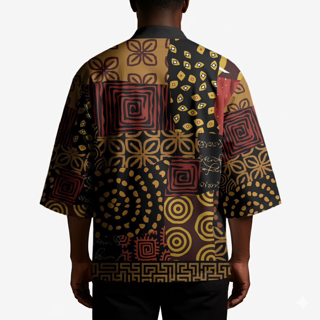 African American Quilt Inspired Kimono Earth Tone African Patchwork Motif