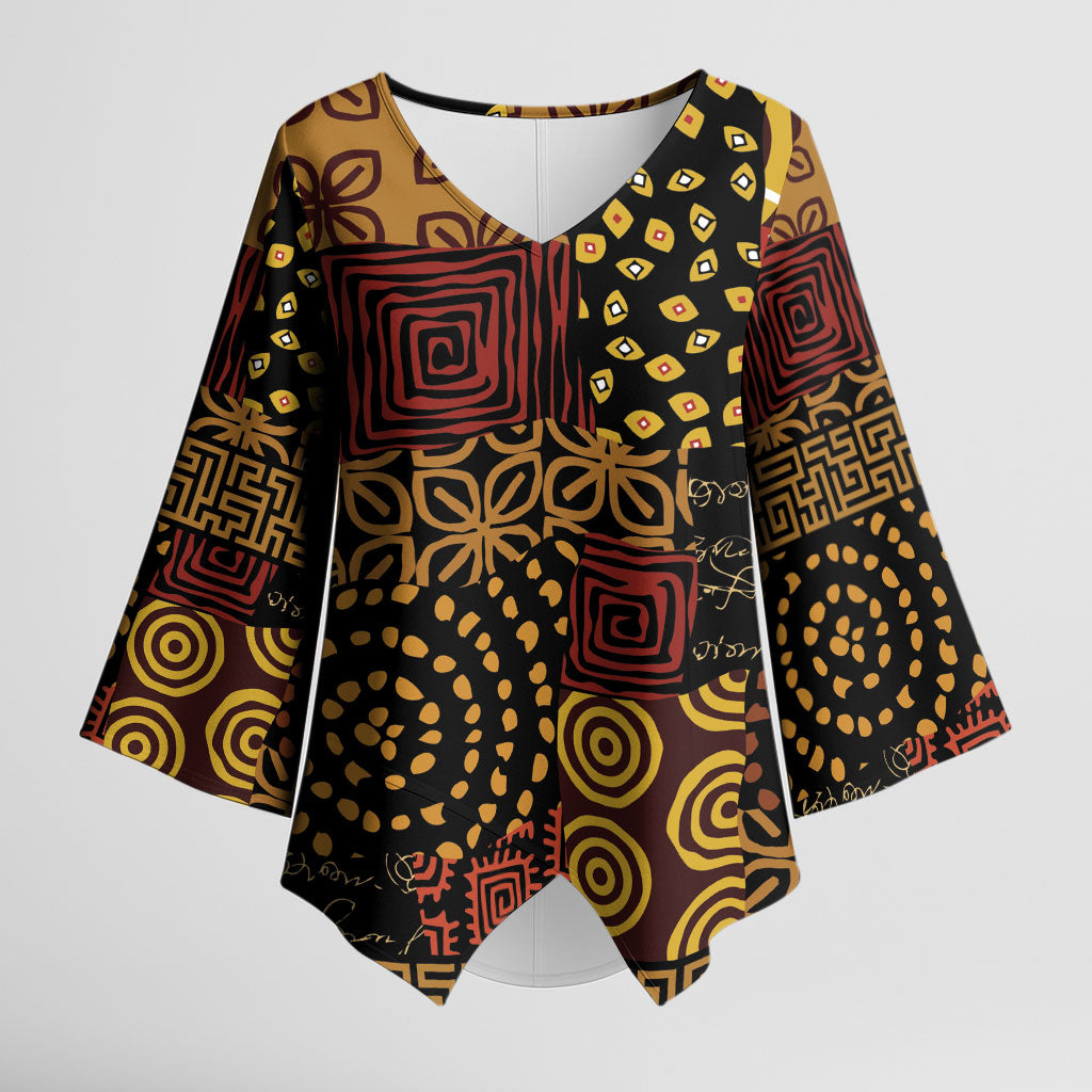 African American Quilt Inspired Kimono Sleeve Blouse Earth Tone African Patchwork Motif