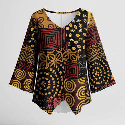 African American Quilt Inspired Kimono Sleeve Blouse Earth Tone African Patchwork Motif