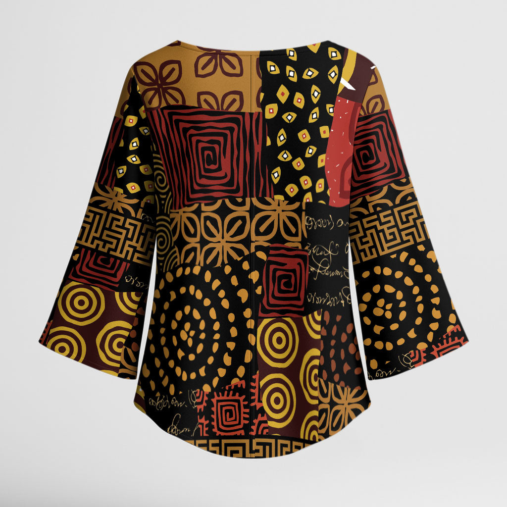 African American Quilt Inspired Kimono Sleeve Blouse Earth Tone African Patchwork Motif
