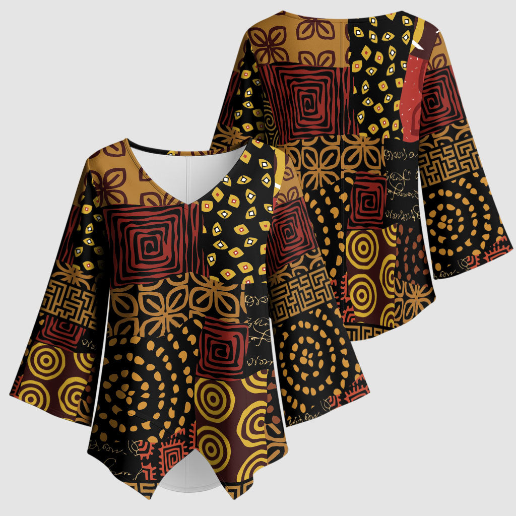 African American Quilt Inspired Kimono Sleeve Blouse Earth Tone African Patchwork Motif