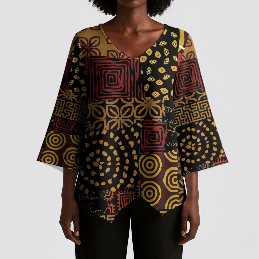 African American Quilt Inspired Kimono Sleeve Blouse Earth Tone African Patchwork Motif