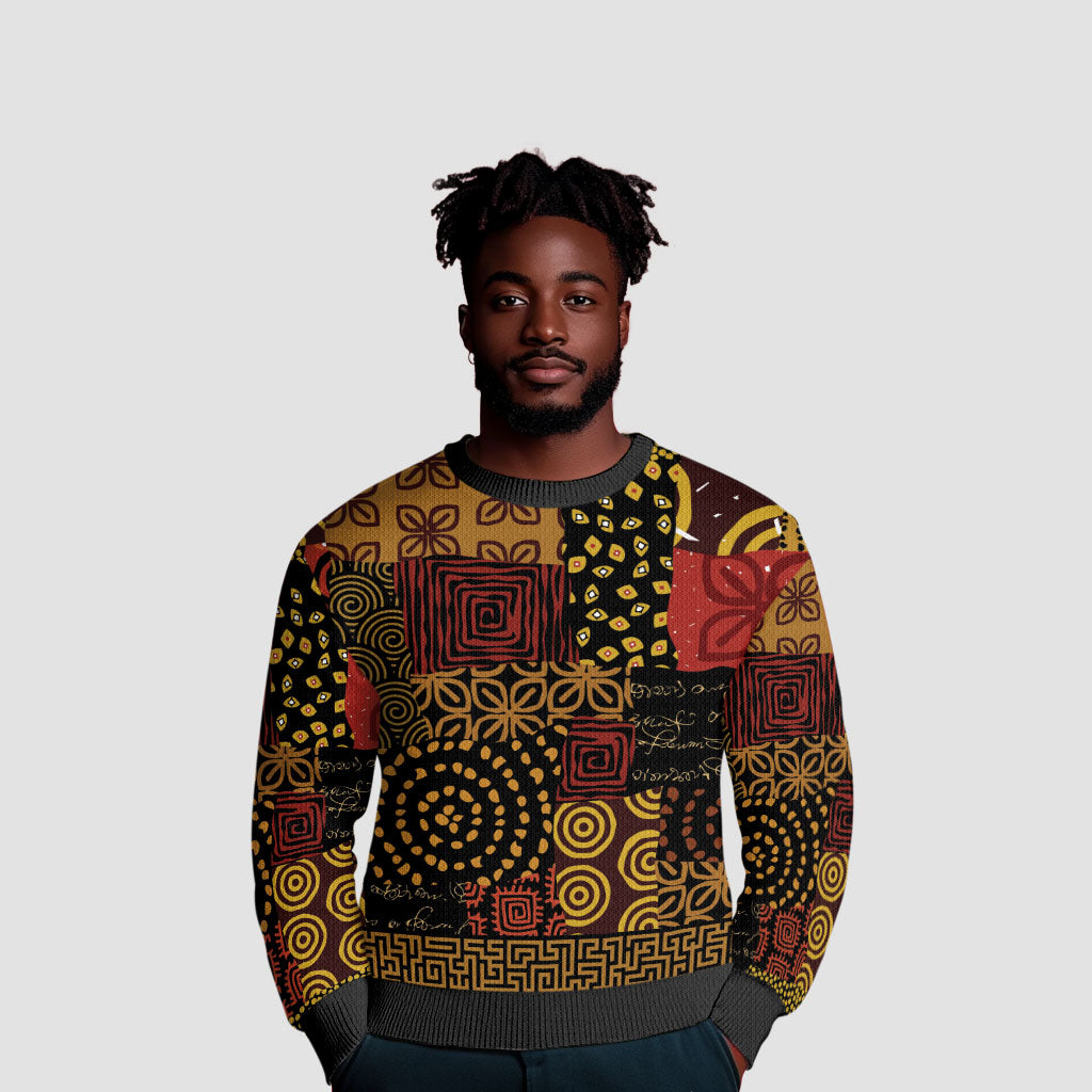 African American Quilt Inspired Ugly Christmas Sweater Earth Tone African Patchwork Motif