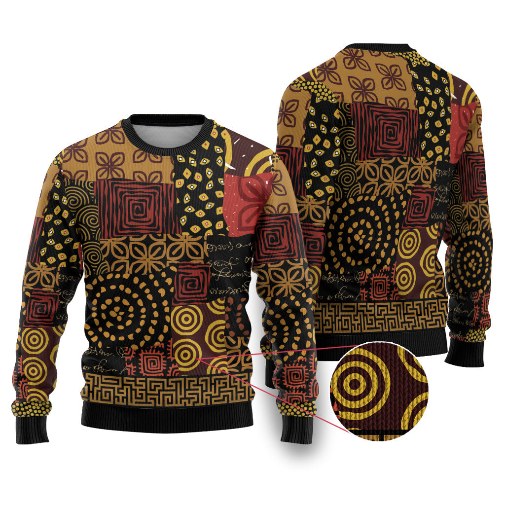 African American Quilt Inspired Ugly Christmas Sweater Earth Tone African Patchwork Motif