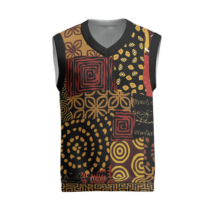 African American Quilt Inspired Christmas Knitted V-Neck Vest Earth Tone African Patchwork Motif