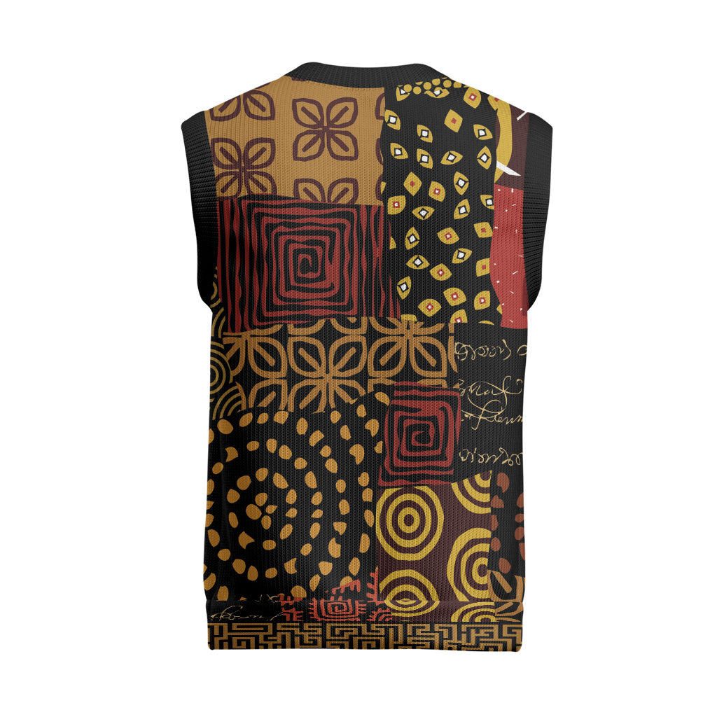 African American Quilt Inspired Christmas Knitted V-Neck Vest Earth Tone African Patchwork Motif