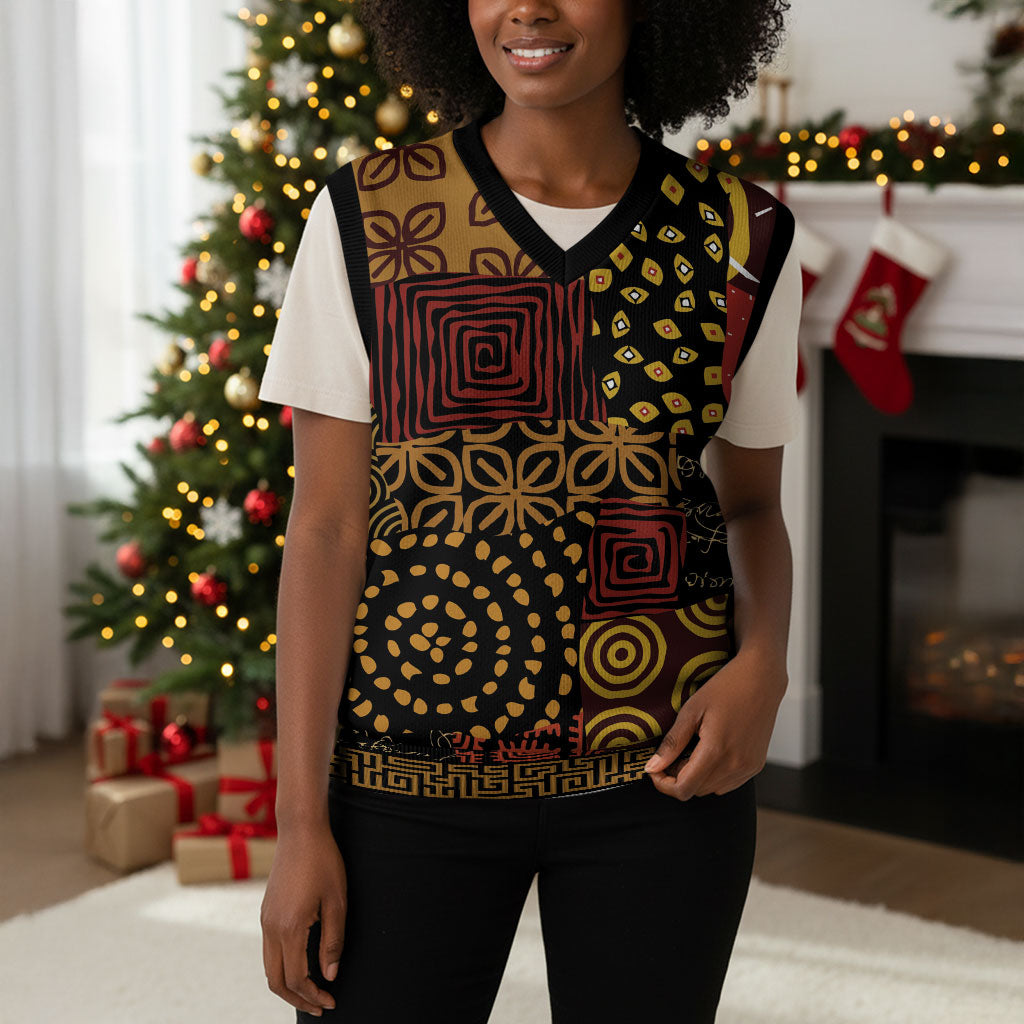 African American Quilt Inspired Christmas Knitted V-Neck Vest Earth Tone African Patchwork Motif