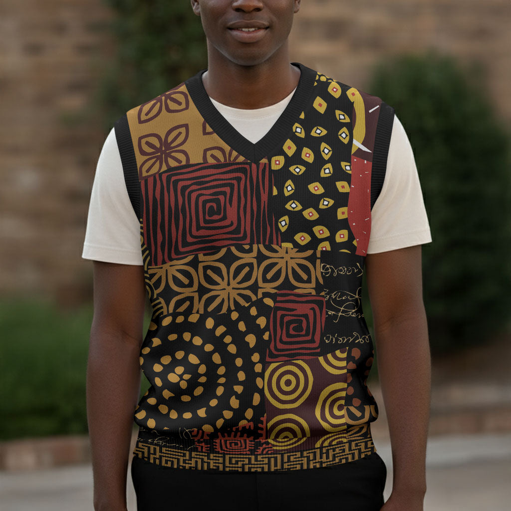 African American Quilt Inspired Christmas Knitted V-Neck Vest Earth Tone African Patchwork Motif