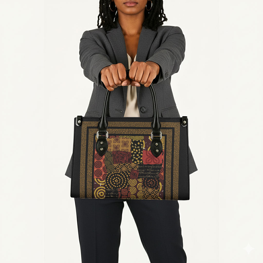 African American Quilt Inspired Leather Bag Earth Tone African Patchwork Motif
