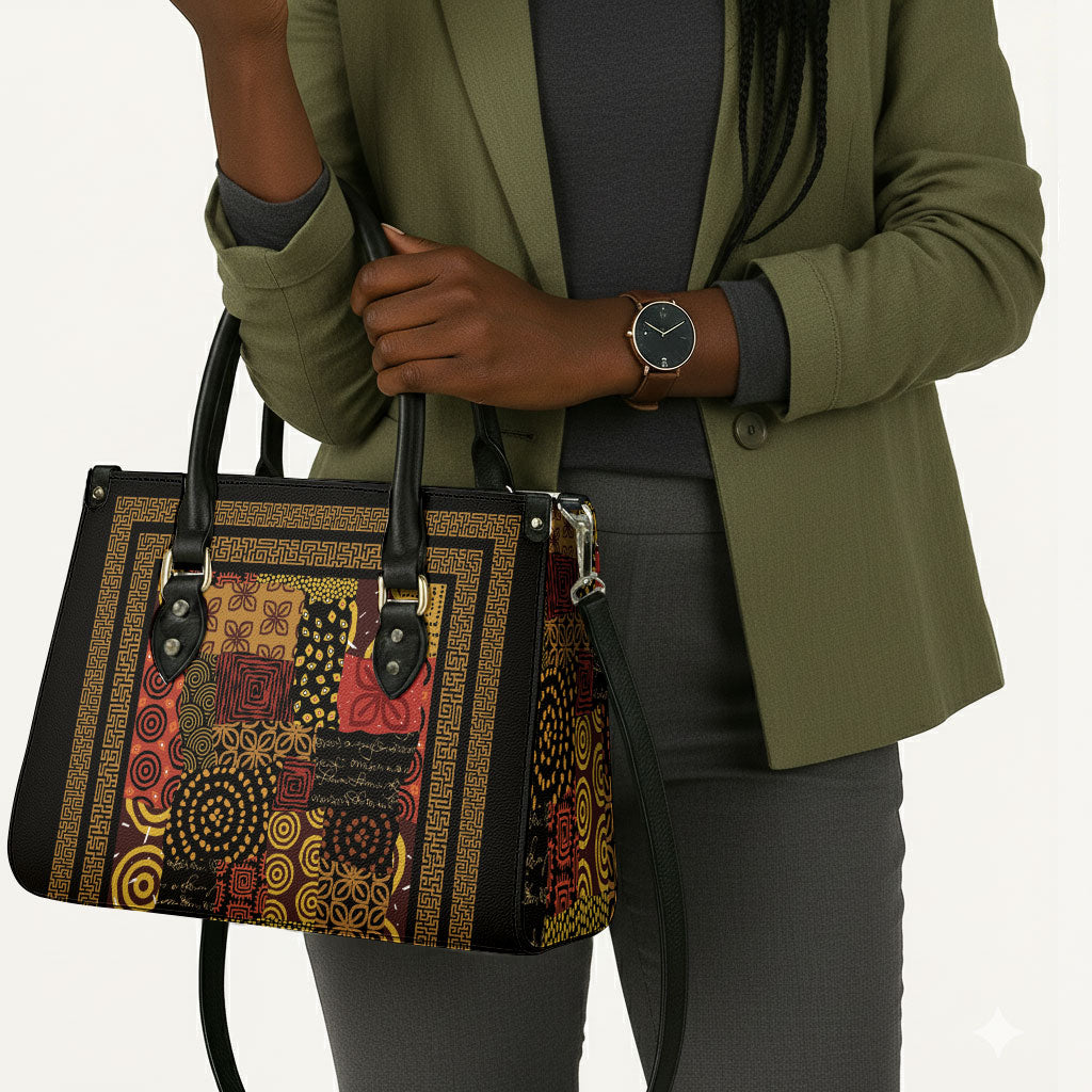 African American Quilt Inspired Leather Bag Earth Tone African Patchwork Motif