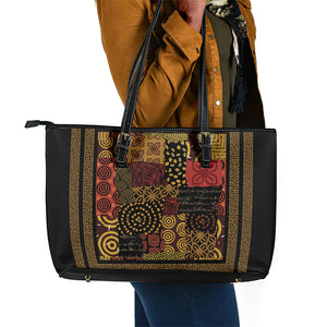 African American Quilt Inspired Leather Tote Bag Earth Tone African Patchwork Motif