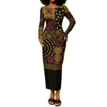 African American Quilt Inspired Long Sleeve Bodycon Dress Earth Tone African Patchwork Motif