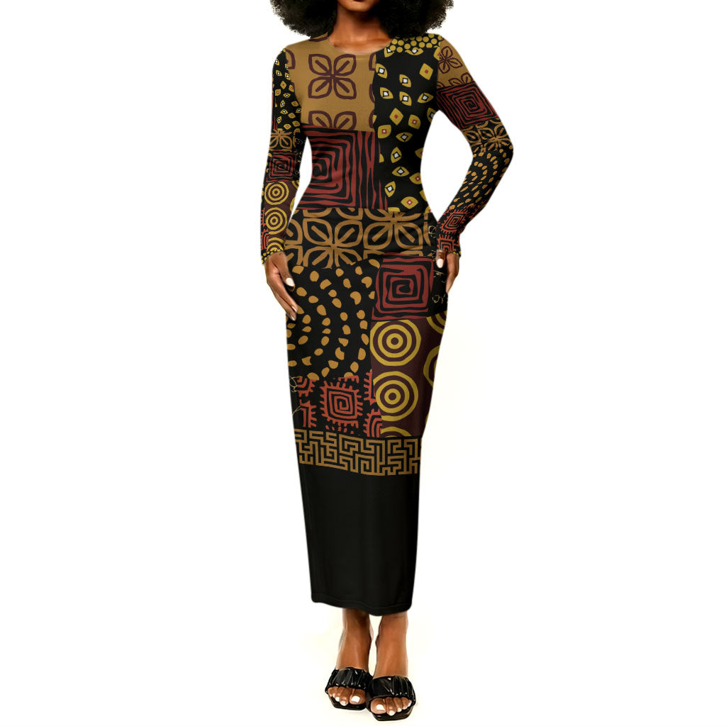 African American Quilt Inspired Long Sleeve Bodycon Dress Earth Tone African Patchwork Motif