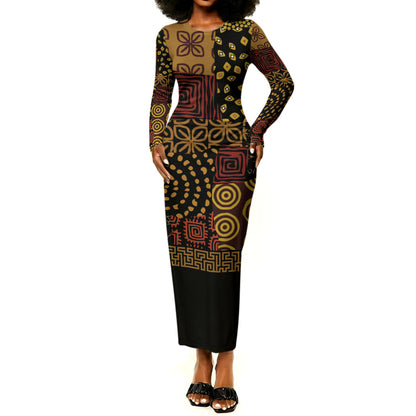 African American Quilt Inspired Long Sleeve Bodycon Dress Earth Tone African Patchwork Motif
