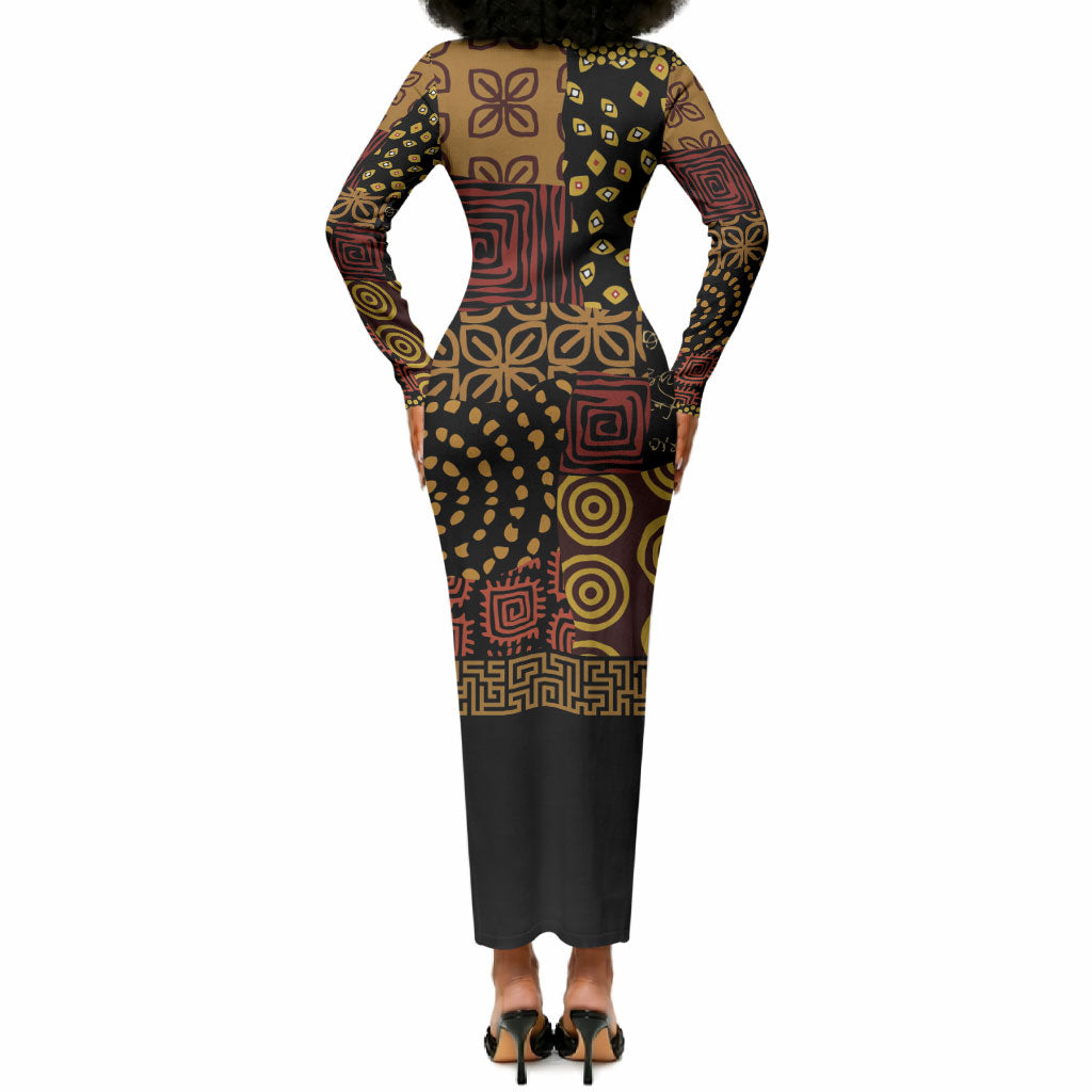 African American Quilt Inspired Long Sleeve Bodycon Dress Earth Tone African Patchwork Motif