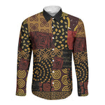 African American Quilt Inspired Long Sleeve Button Shirt Earth Tone African Patchwork Motif