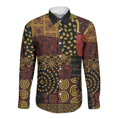African American Quilt Inspired Long Sleeve Button Shirt Earth Tone African Patchwork Motif