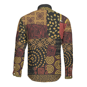 African American Quilt Inspired Long Sleeve Button Shirt Earth Tone African Patchwork Motif
