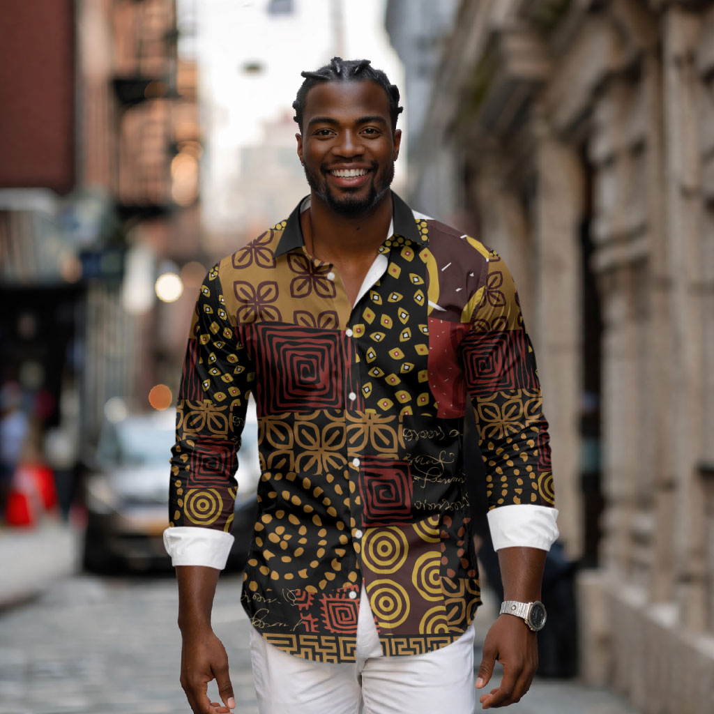 African American Quilt Inspired Long Sleeve Button Shirt Earth Tone African Patchwork Motif