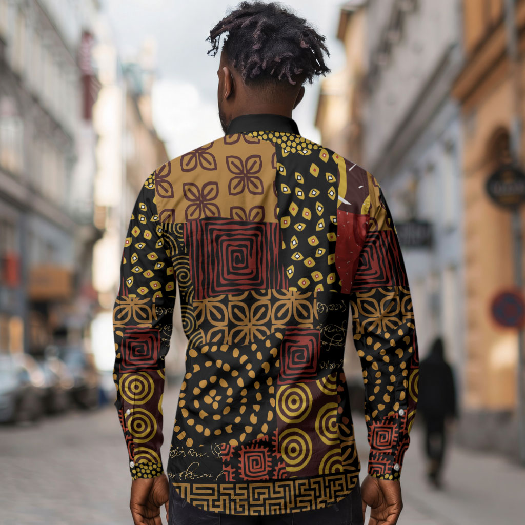 African American Quilt Inspired Long Sleeve Button Shirt Earth Tone African Patchwork Motif