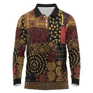 African American Quilt Inspired Long Sleeve Polo Shirt Earth Tone African Patchwork Motif